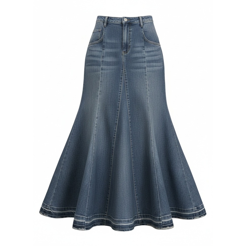 Worthy Threads WL Blue Denim Mermaid Maxi Skirt High Waisted Frayed Hem Med Wash